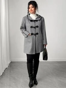Elenzga Plus Size Women's Winter New Casual Commute College Style Horn Button Decor Black Lace Contrast Color Hooded Overcoat Jacket - Grey - View 4