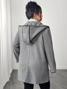 Elenzga Plus Size Women's Winter New Casual Commute College Style Horn Button Decor Black Lace Contrast Color Hooded Overcoat Jacket - Grey - View 2
