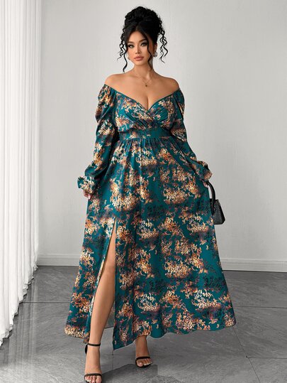 Elenzga Plus Size Vintage Dark Green & Gold Floral Print V-Neck Long Sleeve Dress, Off-Shoulder Cinched Waist Twist Knot High Waist Full Skirt Dress, Autumn/Winter Halloween Party Evening Gown, Slimming Drape Vacation Date Women's Long Dress