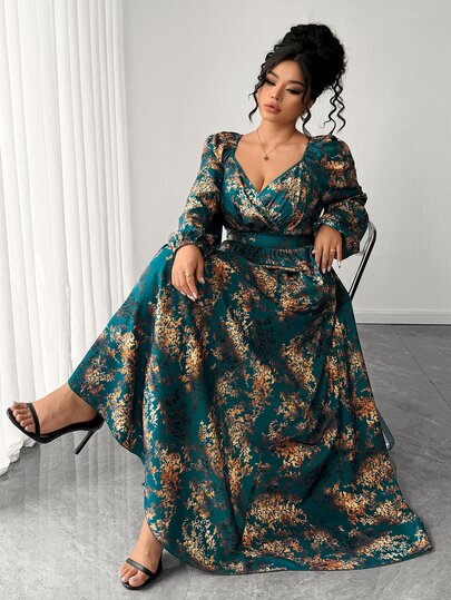 Elenzga Plus Size Vintage Dark Green & Gold Floral Print V-Neck Long Sleeve Dress, Off-Shoulder Cinched Waist Twist Knot High Waist Full Skirt Dress, Autumn/Winter Halloween Party Evening Gown, Slimming Drape Vacation Date Women's Long Dress