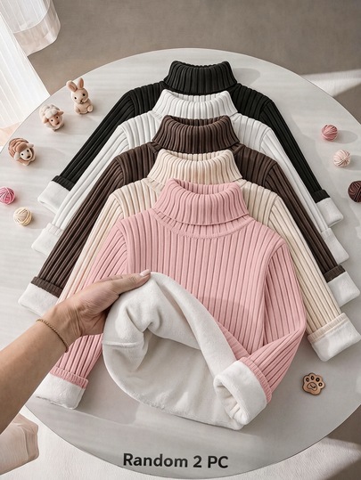SHEIN Niñas Niña Joven Niña Joven Niñas 2 piezas aleatorias de suéteres de cuello alto de punto acanalado para invierno, día de vuelta a la escuela, blusas de manga larga tipo pullover 2 piezas