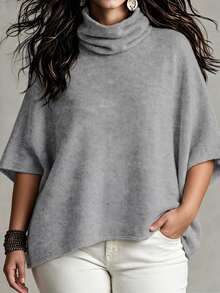 Linhara CURVE Plus Size Women's Autumn/Winter Grey Minimalist Elegant Ruched High Neck Cape Knit Sweater, Loose Pullover, Suitable For Daily Commute, Outing, Dating, Party And Other Occasions - Grey - View 1