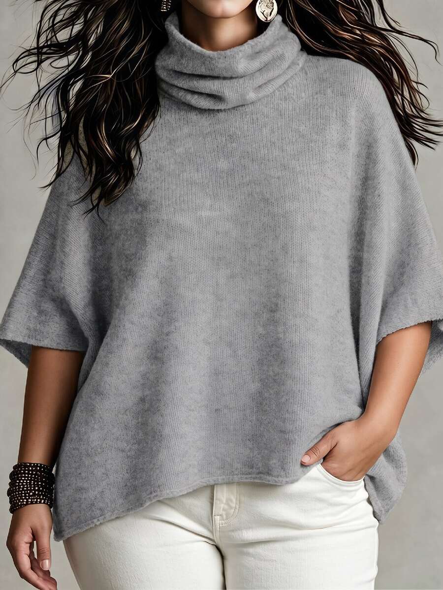 Linhara CURVE Plus Size Women's Autumn/Winter Grey Minimalist Elegant Ruched High Neck Cape Knit Sweater, Loose Pullover, Suitable For Daily Commute, Outing, Dating, Party And Other Occasions - Grey - View 1