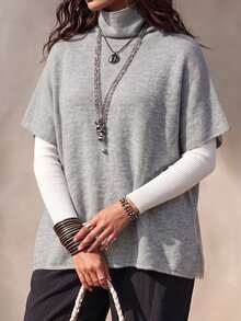 Linhara CURVE Plus Size Women's Autumn/Winter Grey Minimalist Elegant Ruched High Neck Cape Knit Sweater, Loose Pullover, Suitable For Daily Commute, Outing, Dating, Party And Other Occasions - Grey - View 5
