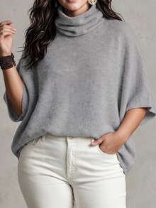 Linhara CURVE Plus Size Women's Autumn/Winter Grey Minimalist Elegant Ruched High Neck Cape Knit Sweater, Loose Pullover, Suitable For Daily Commute, Outing, Dating, Party And Other Occasions - Grey - View 6