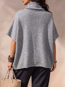 Linhara CURVE Plus Size Women's Autumn/Winter Grey Minimalist Elegant Ruched High Neck Cape Knit Sweater, Loose Pullover, Suitable For Daily Commute, Outing, Dating, Party And Other Occasions - Grey - View 2