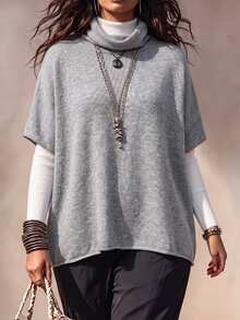 Linhara CURVE Plus Size Women's Autumn/Winter Grey Minimalist Elegant Ruched High Neck Cape Knit Sweater, Loose Pullover, Suitable For Daily Commute, Outing, Dating, Party And Other Occasions - Grey - View 3