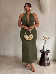 Firerie Plus Size Sexy Draped Neck Backless Summer Dress - Army Green - View 4