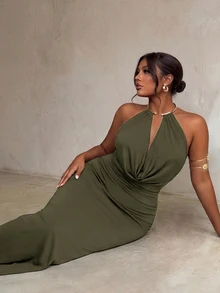 Firerie Plus Size Sexy Draped Neck Backless Summer Dress - Army Green - View 6