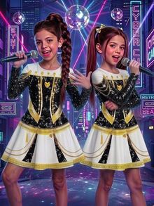 SHEIN 女童亮片印花圓領長袖表演洋裝 - 黑與白 - 查看 2