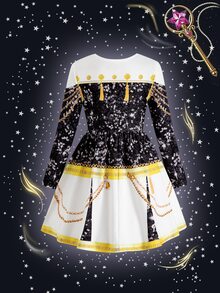 SHEIN 女童亮片印花圓領長袖表演洋裝 - 黑與白 - 查看 6