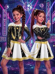 SHEIN 女童亮片印花圓領長袖表演洋裝 - 黑與白 - 查看 1
