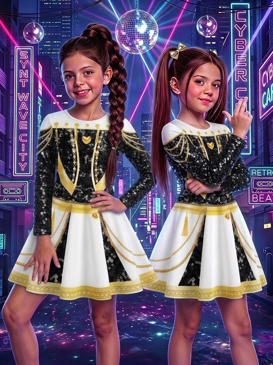 SHEIN 女童亮片印花圓領長袖表演洋裝 - 黑與白 - 查看 1
