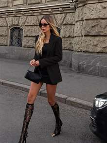 CLARA VERO Women's Plain Color Lapel Collar Long Sleeve Casual Loose Blazer - Black - View 6