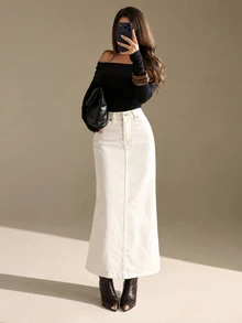CLARA VERO Washed Denim Skirt Without Belt - Beige - View 4