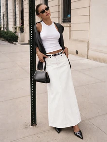 CLARA VERO Washed Denim Skirt Without Belt - Beige - View 5