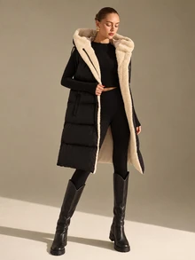 CLARA VERO Clasi Two-Tone Reversible Insulated Padded Zipper Front Pockets Drawstring Hood Vest Jacket Casual Winter Vsleeveless Vest - Multicolor - View 4
