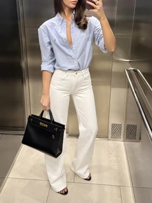 CLARA VERO Petite High Waist Casual Style Button Front Regular Fit Plain All White Color Rinse Wash Straight Jean Holiday Everyday Fall Brunch School - White - View 1