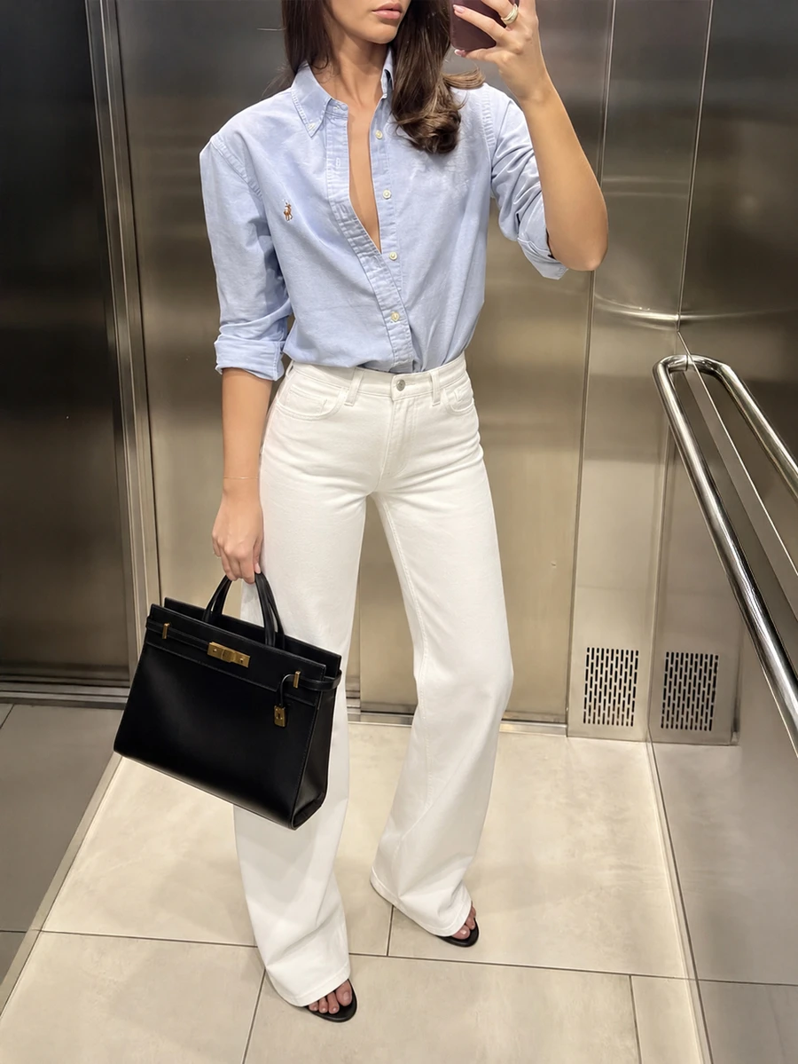CLARA VERO Petite High Waist Casual Style Button Front Regular Fit Plain All White Color Rinse Wash Straight Jean Holiday Everyday Fall Brunch School - White - View 1