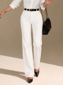 CLARA VERO Petite High Waist Casual Style Button Front Regular Fit Plain All White Color Rinse Wash Straight Jean Holiday Everyday Fall Brunch School - White - View 3