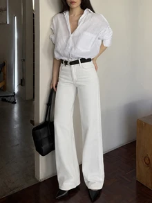 CLARA VERO Petite High Waist Casual Style Button Front Regular Fit Plain All White Color Rinse Wash Straight Jean Holiday Everyday Fall Brunch School - White - View 5