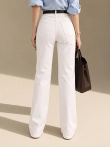 CLARA VERO Petite High Waist Casual Style Button Front Regular Fit Plain All White Color Rinse Wash Straight Jean Holiday Everyday Fall Brunch School - White - View 2