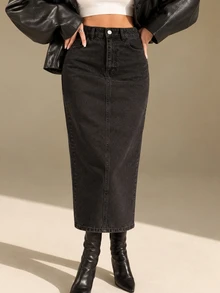 CLARA VERO Women's Solid Color Straight Denim Skirt With Slanted Pockets - Black - View 5