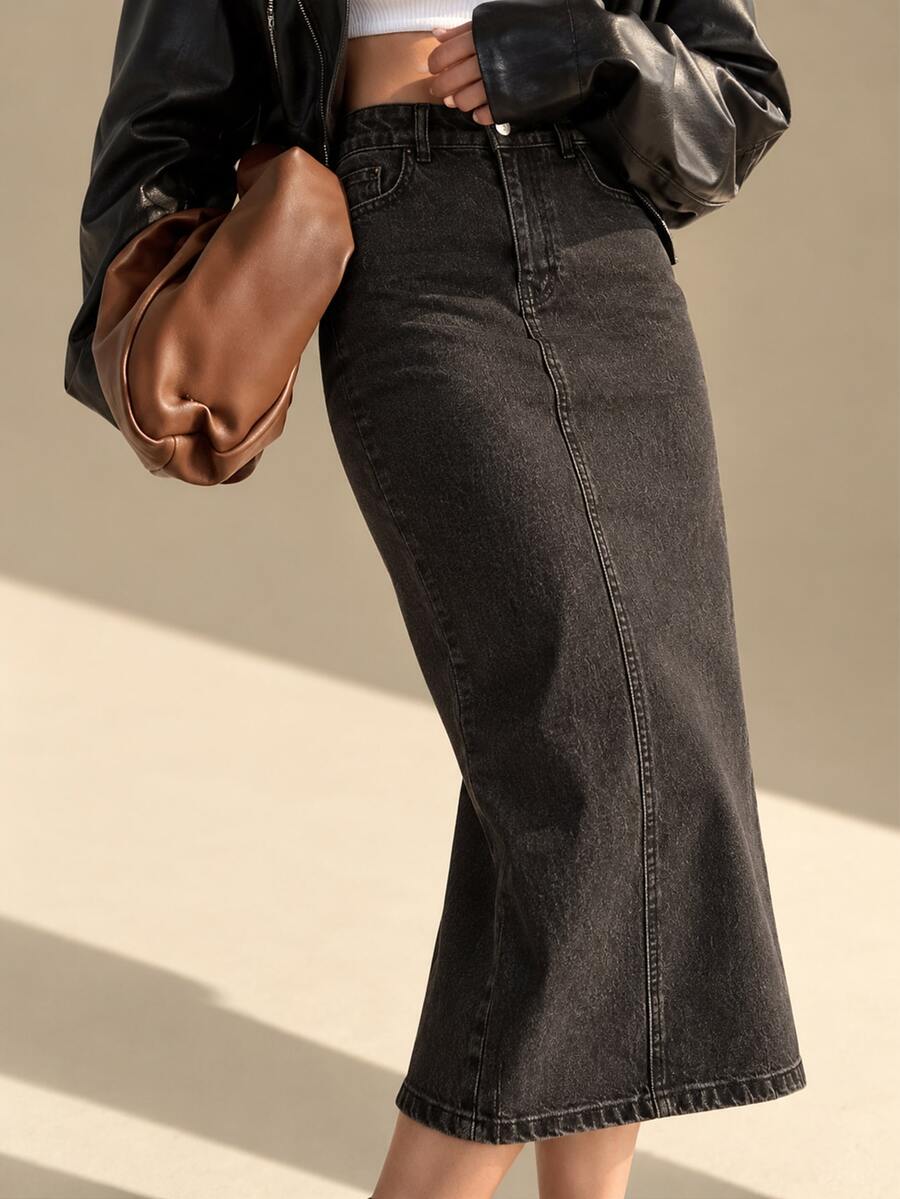 CLARA VERO Women's Solid Color Straight Denim Skirt With Slanted Pockets