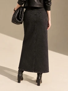CLARA VERO Women's Solid Color Straight Denim Skirt With Slanted Pockets - Black - View 3