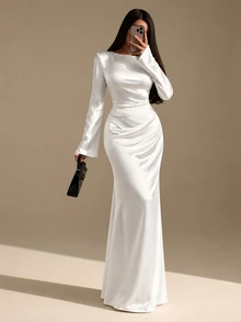 CLARA VERO Women's Trumpet Sleeve Mermaid Dress - White - View 3