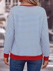 SHEIN LUNE Plus Size Women's Striped V-Neck Drop Shoulder Long Sleeve Casual Sweatshirt - Multicolor - View 2