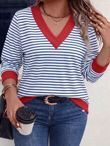 SHEIN LUNE Plus Size Women's Striped V-Neck Drop Shoulder Long Sleeve Casual Sweatshirt - Multicolor - View 3