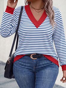 SHEIN LUNE Plus Size Women's Striped V-Neck Drop Shoulder Long Sleeve Casual Sweatshirt - Multicolor - View 1