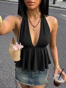 SHEIN ICON Summer Women's Black Deep V Backless Babydoll Going Out Sexy Holiday Polka Dot Print Ruffle Hem Halter Neck Camisole - Black - View 1