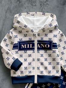 小男孩服飾 MILANO 字母圖案印花拉鍊連帽外套與慢跑長褲套裝 秋冬街頭風運動套裝 2件套 - 彩色 - 查看 4