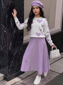 SHEIN 兒童青少年女孩秋冬休閒日常甜美愛心提花圓領寬鬆套頭長袖毛衣與配套長裙兩件套 紫色 - 淡紫色 - 查看 1