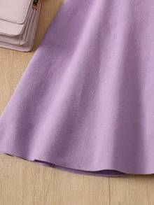 SHEIN 兒童青少年女孩秋冬休閒日常甜美愛心提花圓領寬鬆套頭長袖毛衣與配套長裙兩件套 紫色 - 淡紫色 - 查看 7