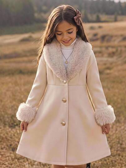 SHEIN Abrigo de lana para niña preadolescente, otoño/invierno, casual elegante, largo medio, chaqueta de moda de alta gama con patchwork, cuello de piel, cintura ceñida, línea A, tela de lana, botones de perla, color caqui