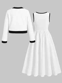 SHEIN 兒童青少年女孩秋冬休閒通勤黑白裝飾拼接珍珠鈕扣開襟夾克與不對稱拼接抓皺喇叭長版背心洋裝拼色兩件套套裝 - 白色 - 查看 3