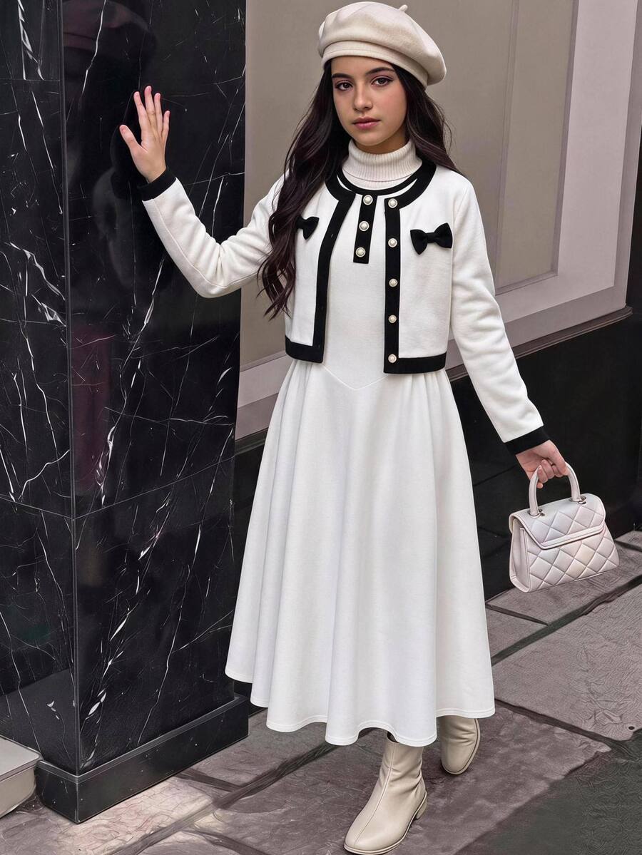 SHEIN 兒童青少年女孩秋冬休閒通勤黑白裝飾拼接珍珠鈕扣開襟夾克與不對稱拼接抓皺喇叭長版背心洋裝拼色兩件套套裝 - 白色 - 查看 1