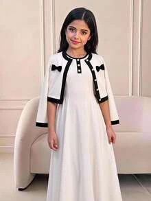 SHEIN 兒童青少年女孩秋冬休閒通勤黑白裝飾拼接珍珠鈕扣開襟夾克與不對稱拼接抓皺喇叭長版背心洋裝拼色兩件套套裝 - 白色 - 查看 8