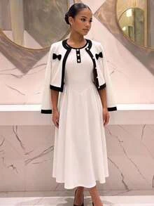 SHEIN 兒童青少年女孩秋冬休閒通勤黑白裝飾拼接珍珠鈕扣開襟夾克與不對稱拼接抓皺喇叭長版背心洋裝拼色兩件套套裝 - 白色 - 查看 9