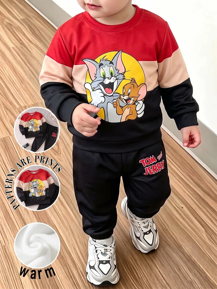 TOM & JERRY X SHEIN 2件組小男孩休閒可愛圖案主題印花拼色圓領長袖衛衣與配套運動長褲套裝,適合秋冬穿著 - 彩色 - 查看 1