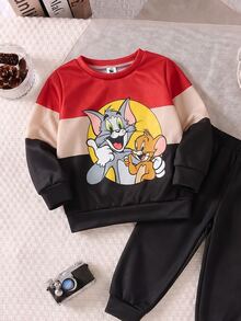 TOM & JERRY X SHEIN 2件組小男孩休閒可愛圖案主題印花拼色圓領長袖衛衣與配套運動長褲套裝，適合秋冬穿著 - 彩色 - 查看 4