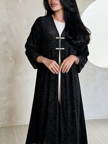 Yasveil Women Black Leopard Jacquard Stand Collar Chinese Knot Frog Button Open Front Wide Sleeve Loose Abaya Coat Dubai Middle East Fall Formal Kaftan Robe - Black - View 3