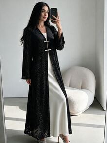 Yasveil Women Black Leopard Jacquard Stand Collar Chinese Knot Frog Button Open Front Wide Sleeve Loose Abaya Coat Dubai Middle East Fall Formal Kaftan Robe - Black - View 5