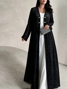 Yasveil Women Black Leopard Jacquard Stand Collar Chinese Knot Frog Button Open Front Wide Sleeve Loose Abaya Coat Dubai Middle East Fall Formal Kaftan Robe - Black - View 9