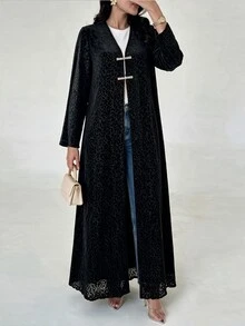 Yasveil Women Black Leopard Jacquard Stand Collar Chinese Knot Frog Button Open Front Wide Sleeve Loose Abaya Coat Dubai Middle East Fall Formal Kaftan Robe - Black - View 7