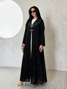 Yasveil Women Black Leopard Jacquard Stand Collar Chinese Knot Frog Button Open Front Wide Sleeve Loose Abaya Coat Dubai Middle East Fall Formal Kaftan Robe - Black - View 8