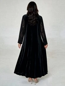 Yasveil Women Black Leopard Jacquard Stand Collar Chinese Knot Frog Button Open Front Wide Sleeve Loose Abaya Coat Dubai Middle East Fall Formal Kaftan Robe - Black - View 2